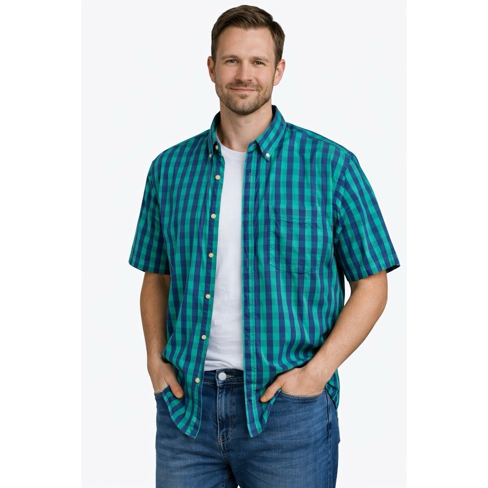 Duluth Trading Co 2XL Tall Green‎ Blue Plaid Short Sleeve Button Down Shirt